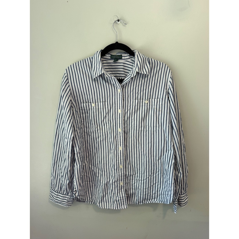 Lauren Ralph Lauren Blue White Striped Cotton Button Down Shirt Large LRL